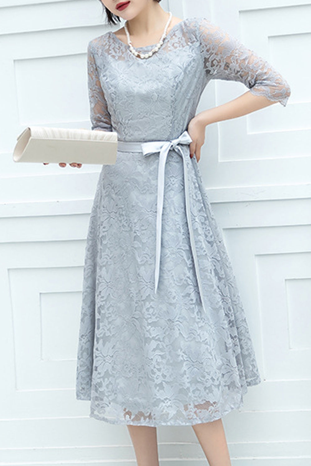 Women Lovely Elbow Sleeve Round Neck Solid Pattern Wedding Party Dress