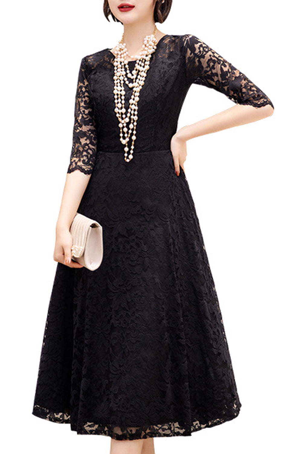 Women Lovely Elbow Sleeve Round Neck Solid Pattern Wedding Party Dress