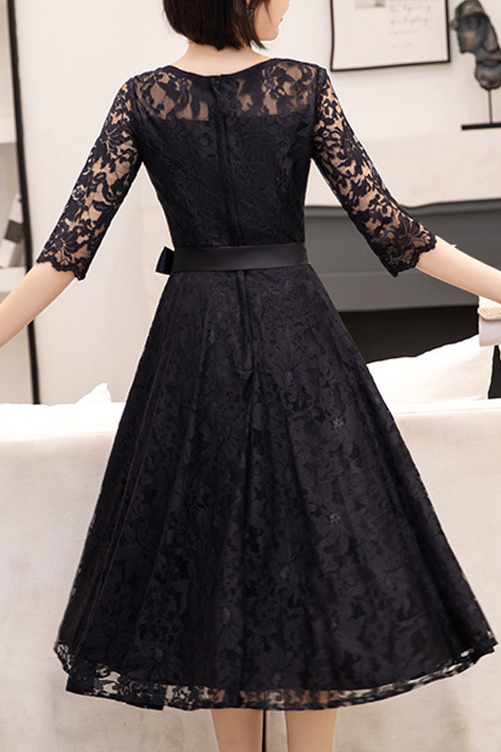 Women Lovely Elbow Sleeve Round Neck Solid Pattern Wedding Party Dress
