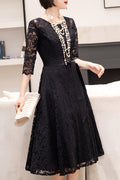 Women Lovely Elbow Sleeve Round Neck Solid Pattern Wedding Party Dress