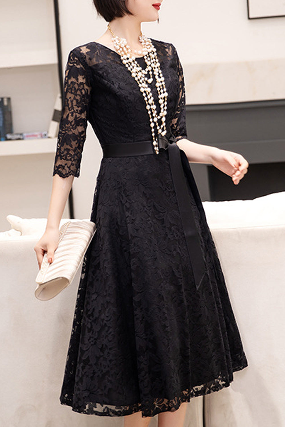 Women Lovely Elbow Sleeve Round Neck Solid Pattern Wedding Party Dress