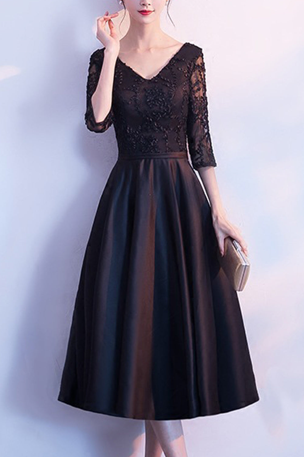 Women V-Neck Elbow Sleeve Solid Colored Wedding Party Dress