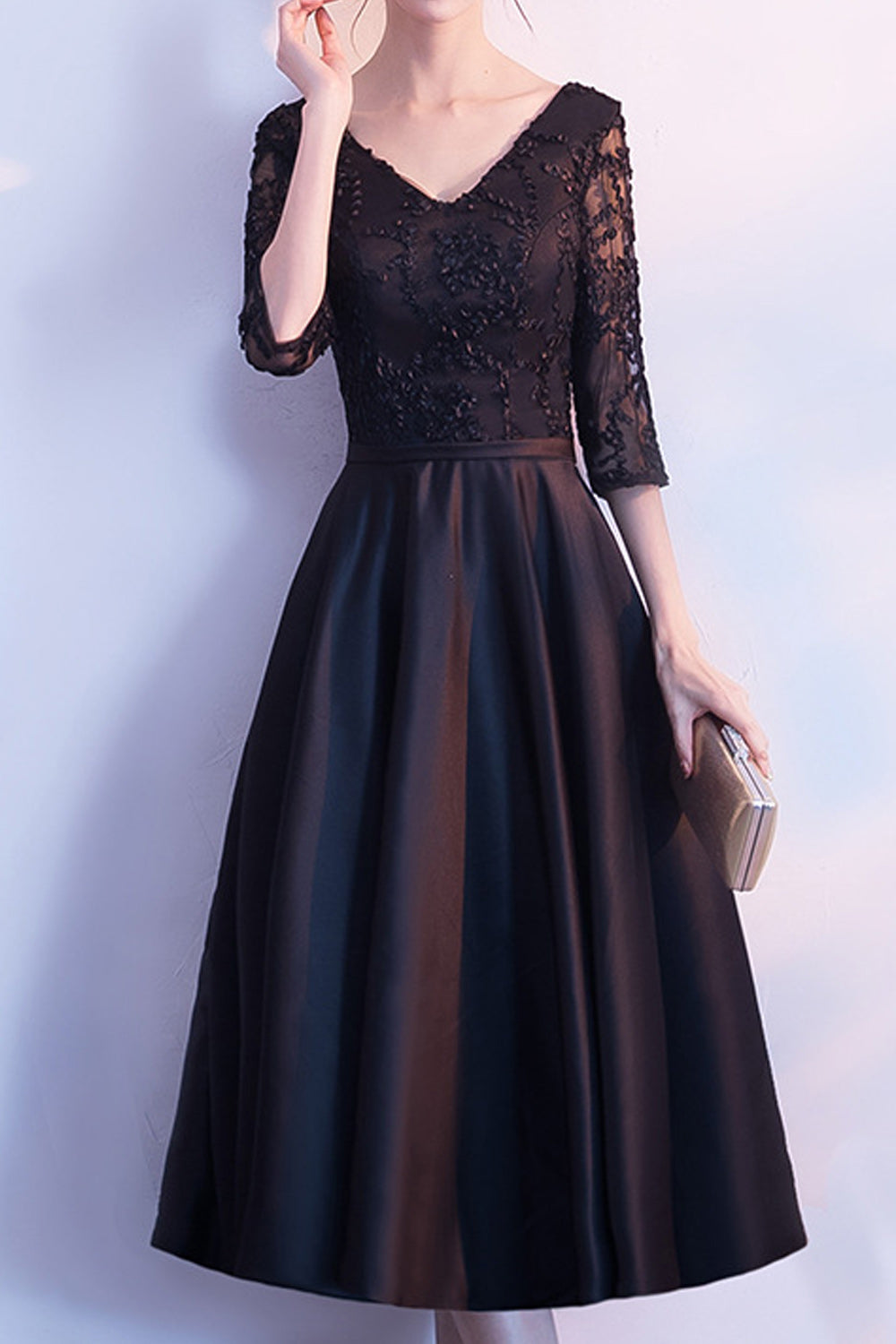 Women V-Neck Elbow Sleeve Solid Colored Wedding Party Dress