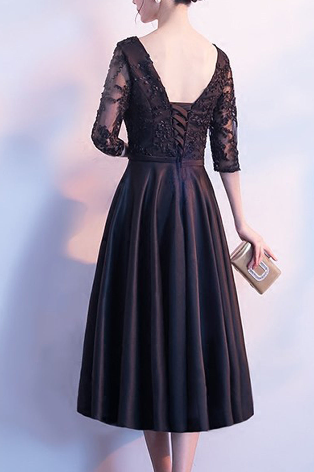 Women V-Neck Elbow Sleeve Solid Colored Wedding Party Dress