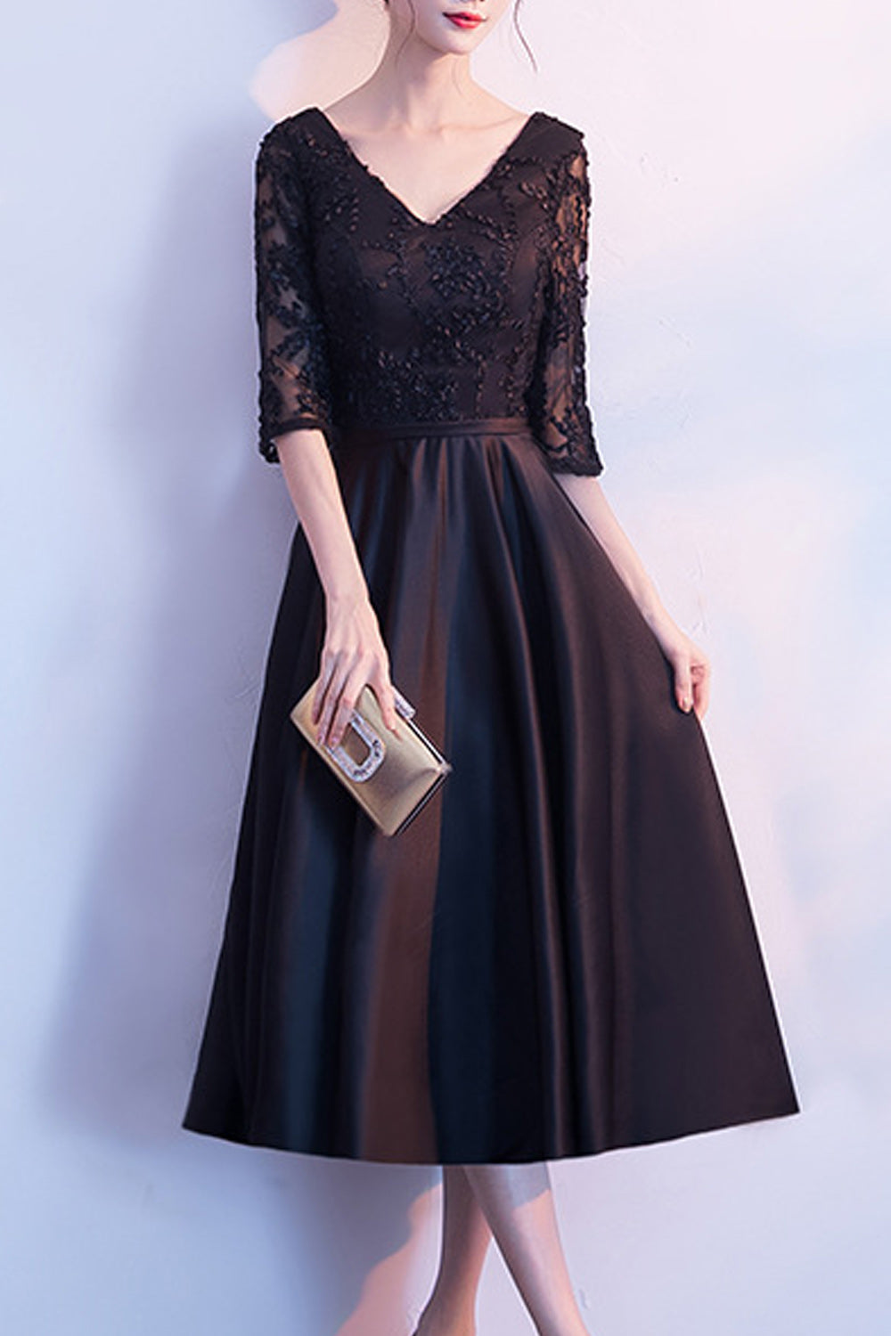 Women V-Neck Elbow Sleeve Solid Colored Wedding Party Dress