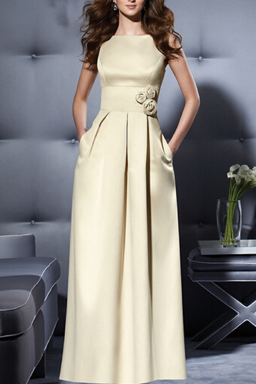 Women Elegant Solid Colored Smooth Long Wedding Party Dress