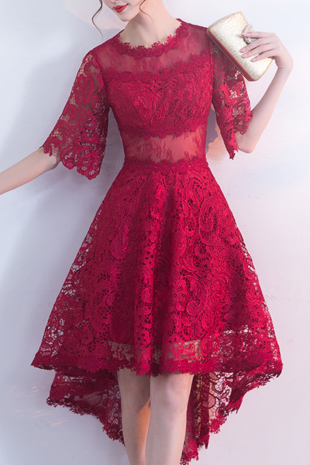 Women Short Loose Sleeve Round Neck Solid Colored Evening Party Dress