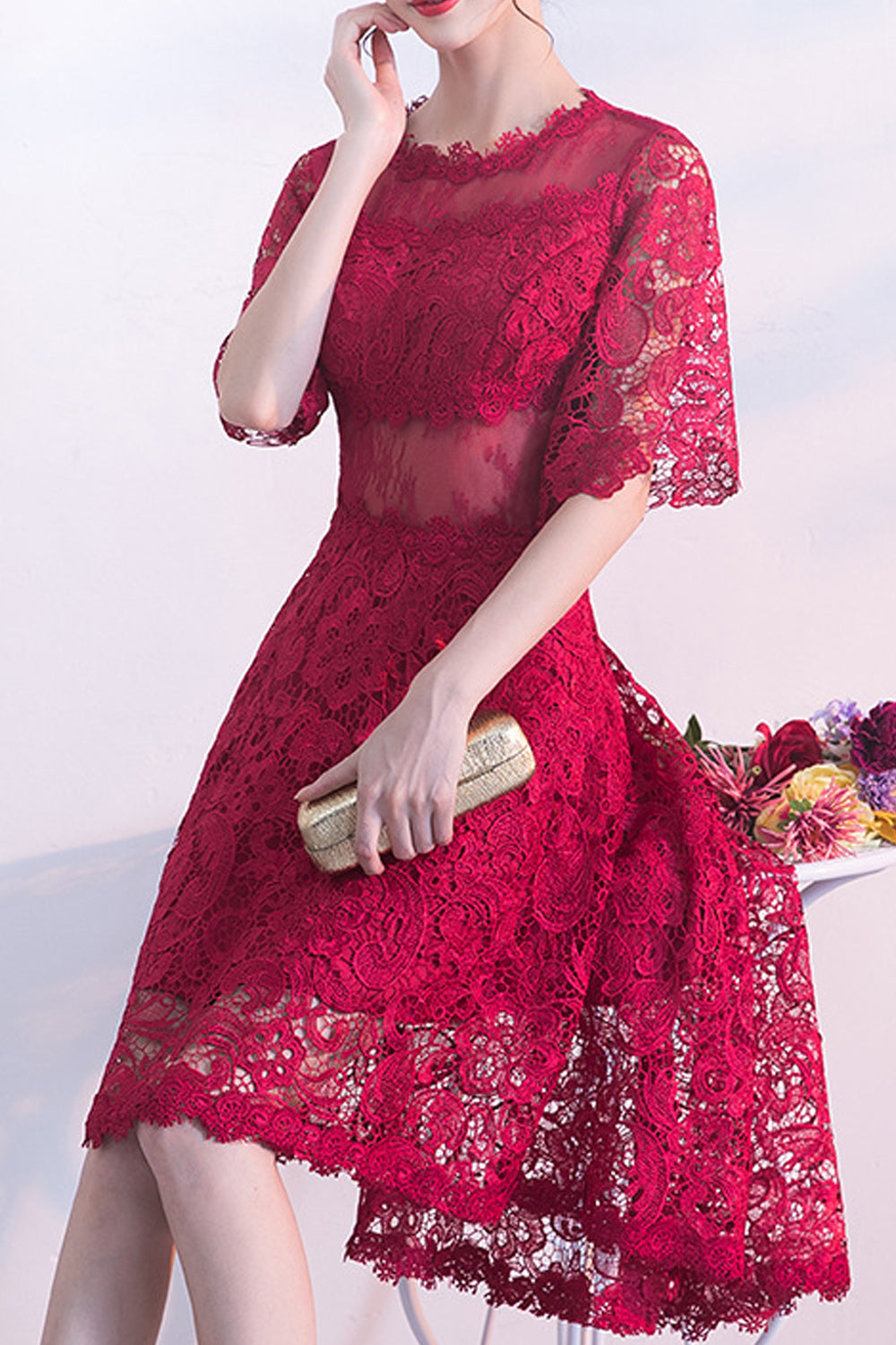 Women Short Loose Sleeve Round Neck Solid Colored Evening Party Dress