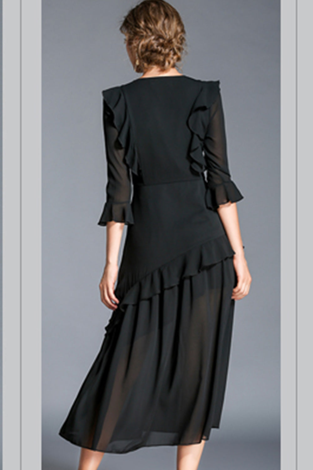 Women Round Neck Ruffled Skirt Long Dress