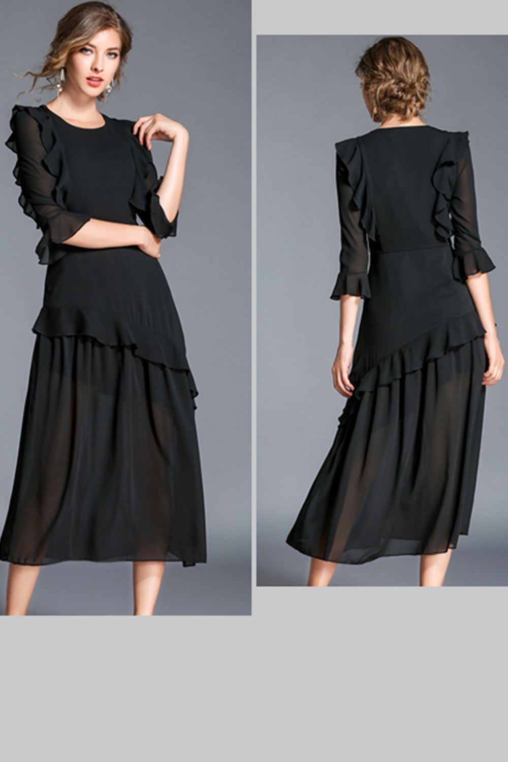 Women Round Neck Ruffled Skirt Long Dress