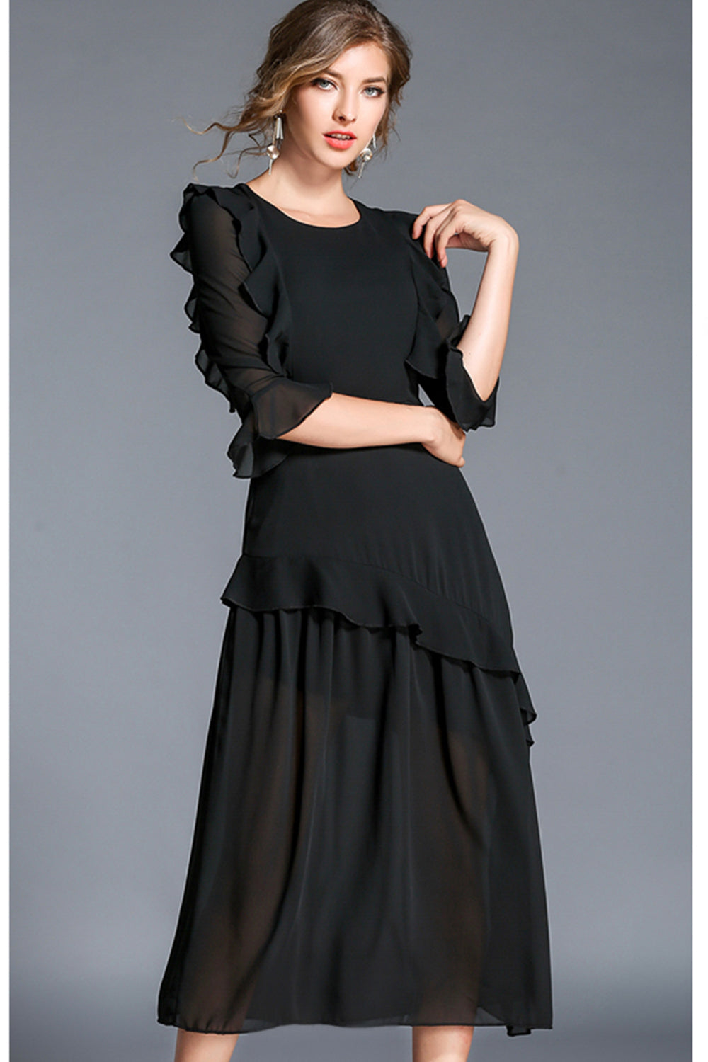 Women Round Neck Ruffled Skirt Long Dress