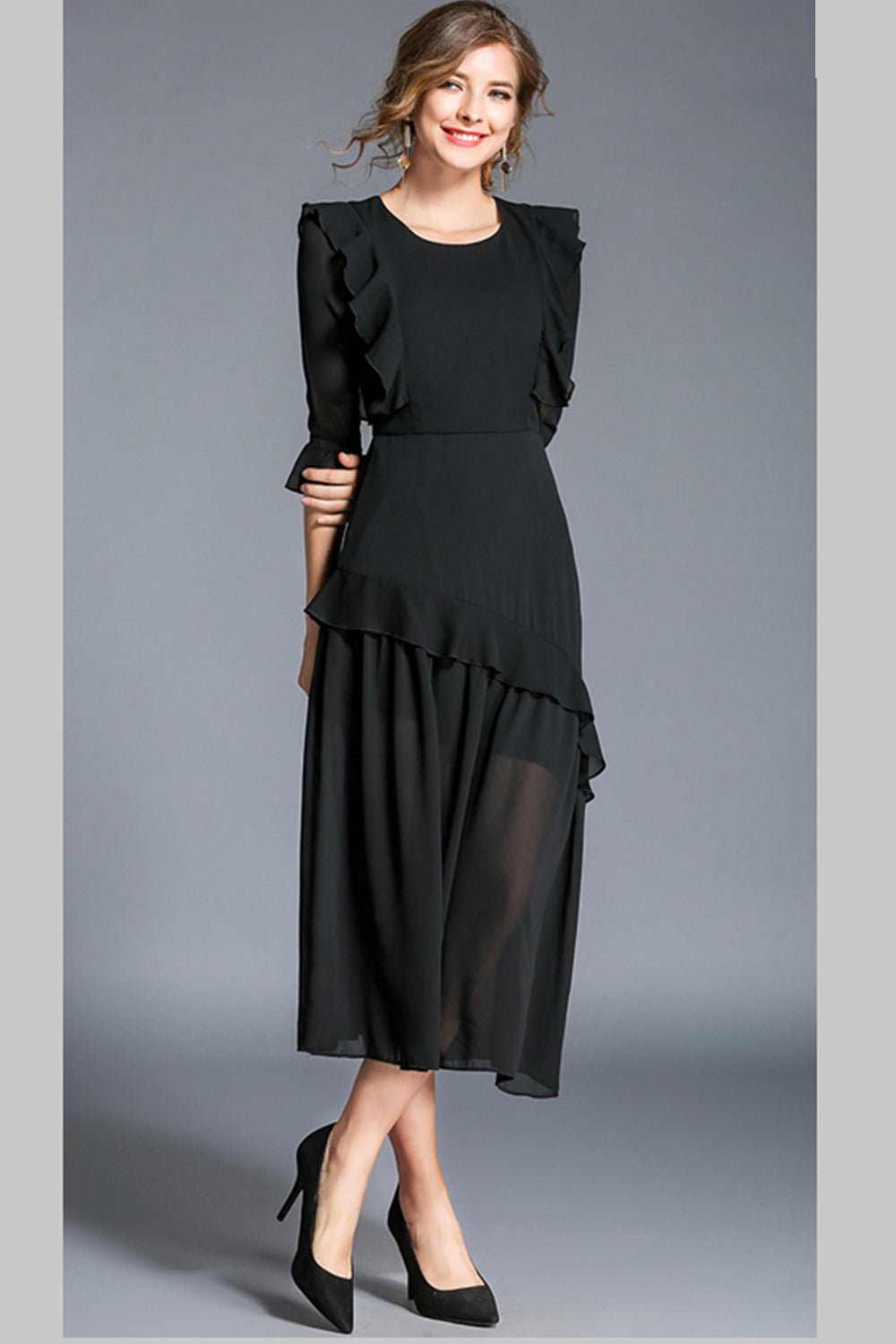 Women Round Neck Ruffled Skirt Long Dress