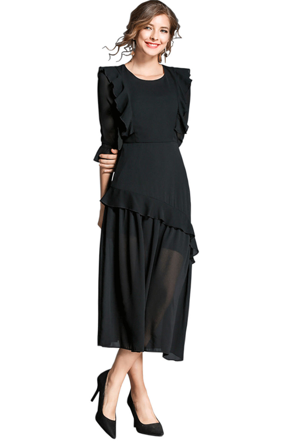 Women Round Neck Ruffled Skirt Long Dress