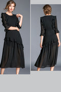 Women Round Neck Ruffled Skirt Long Dress