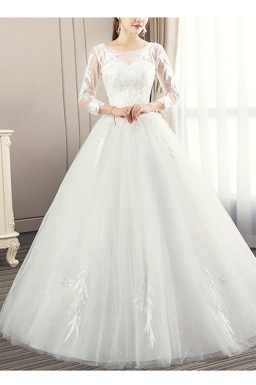 Women Thin Long Sleeve Round Neck Solid Colored Skirt Wedding Dress