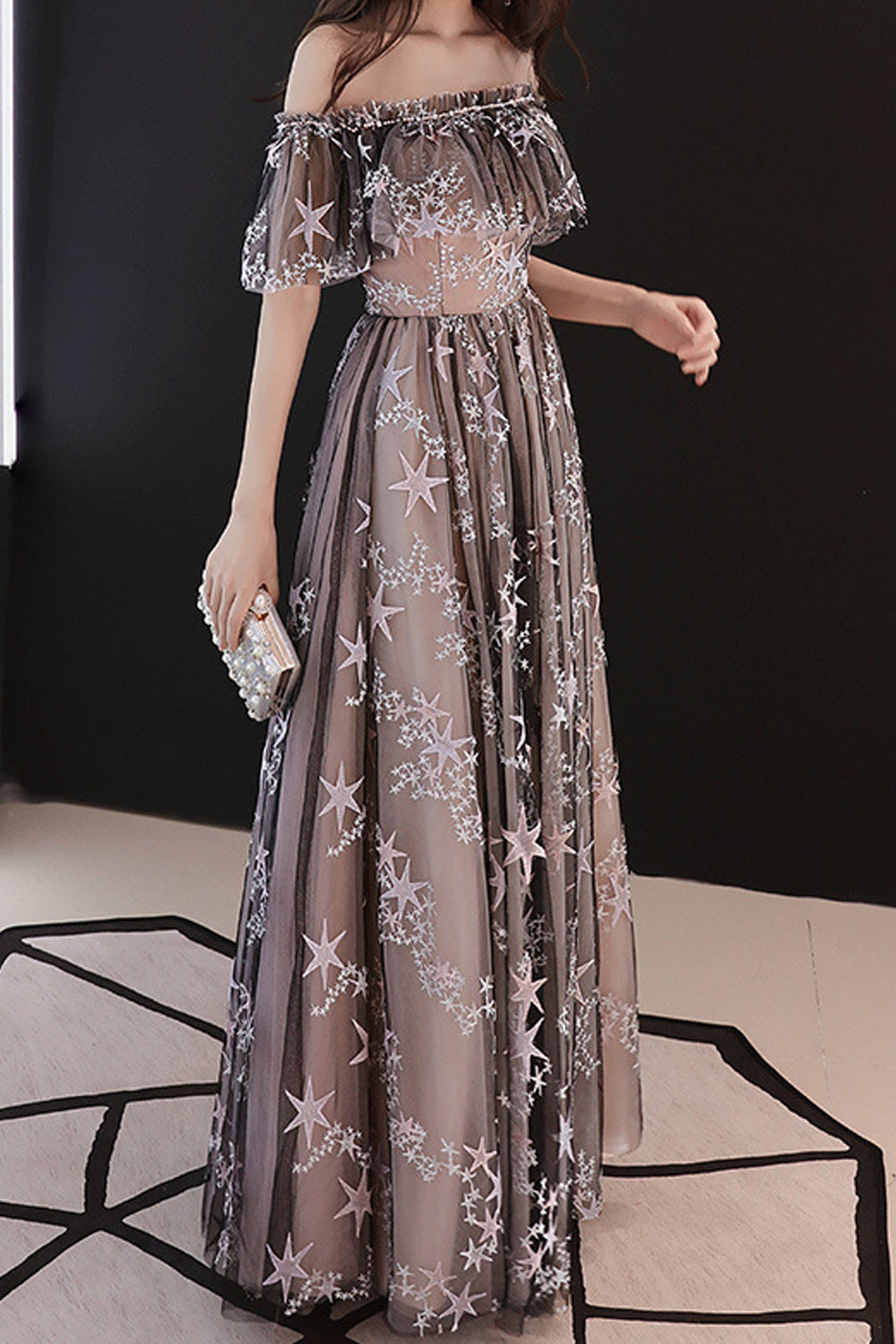 Women Pretty Star Embroidered Long Thin Breathable Evening Dress