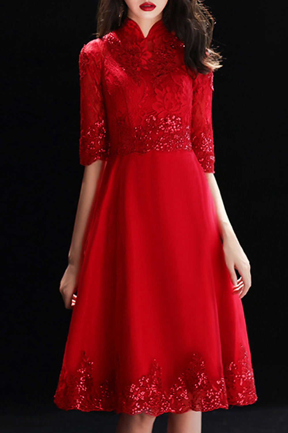Women Elegant High Neck Sequins Decorated Evening Dress