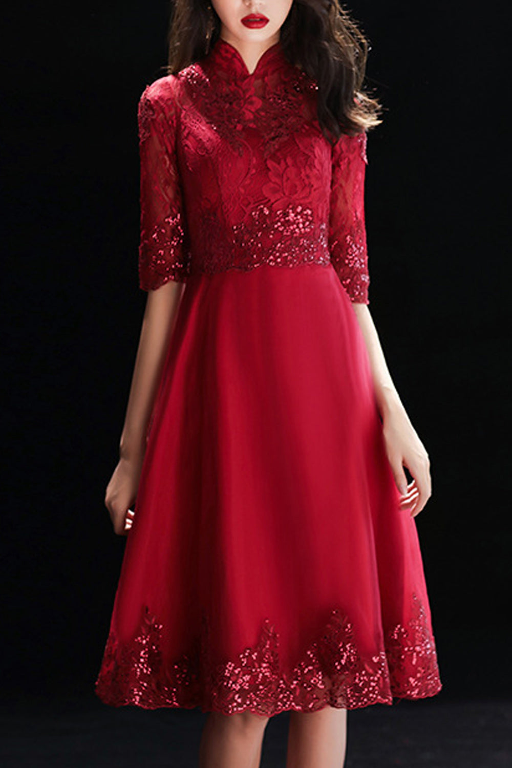 Women Elegant High Neck Sequins Decorated Evening Dress