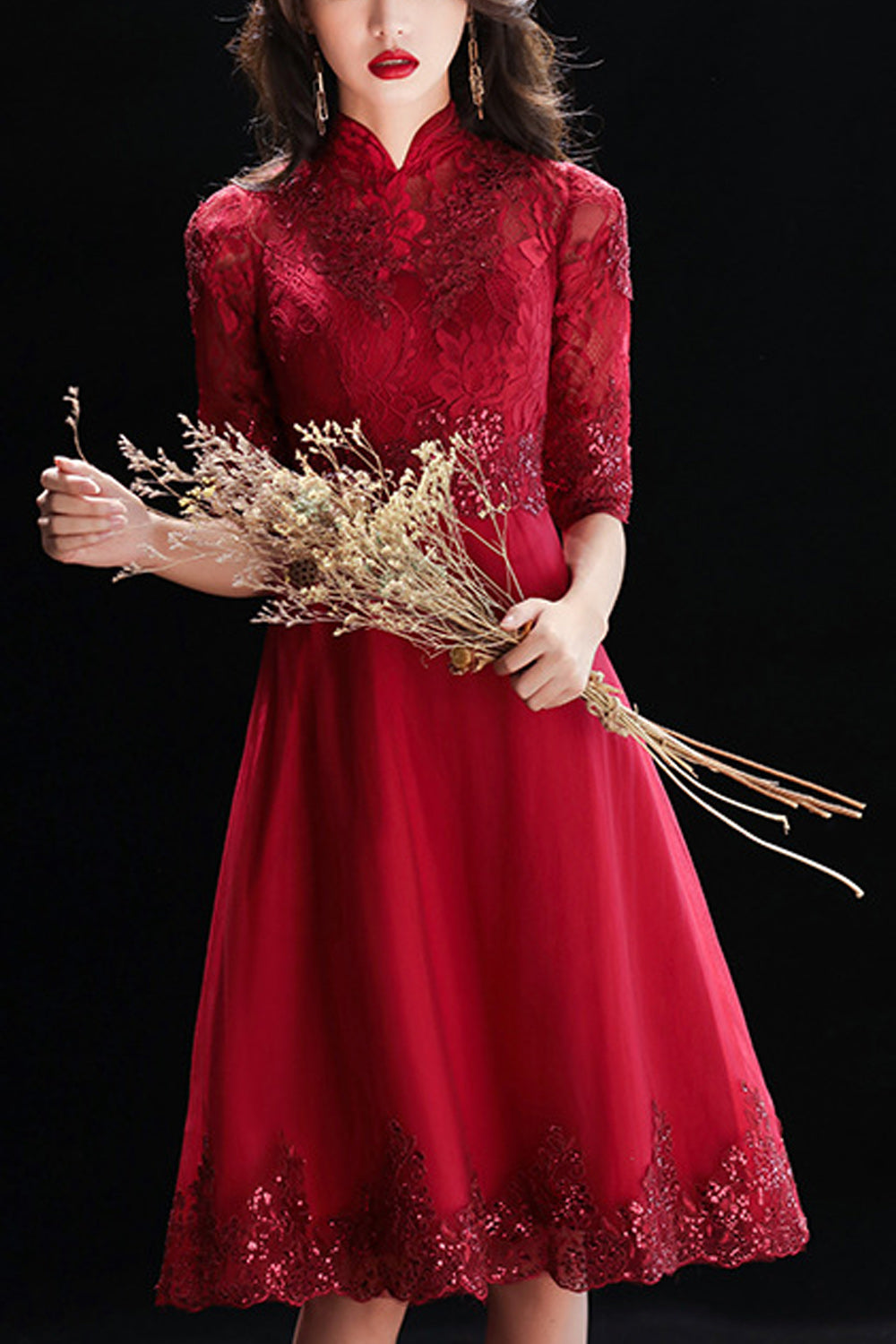 Women Elegant High Neck Sequins Decorated Evening Dress