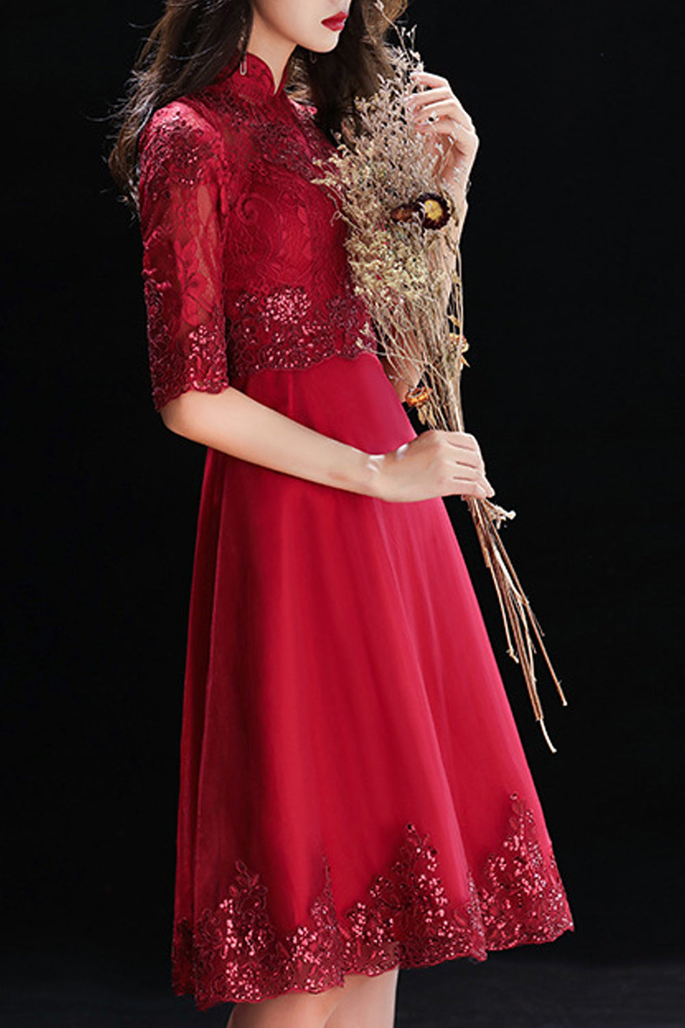 Women Elegant High Neck Sequins Decorated Evening Dress