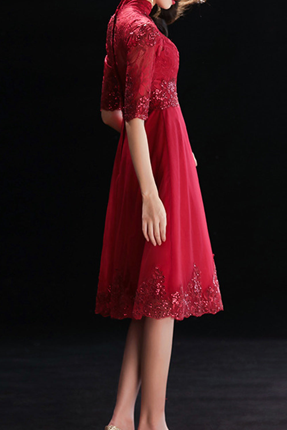 Women Elegant High Neck Sequins Decorated Evening Dress