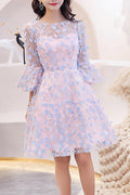 Women Long Sleeve Round Neck Flower Decorated Thin Party Dress