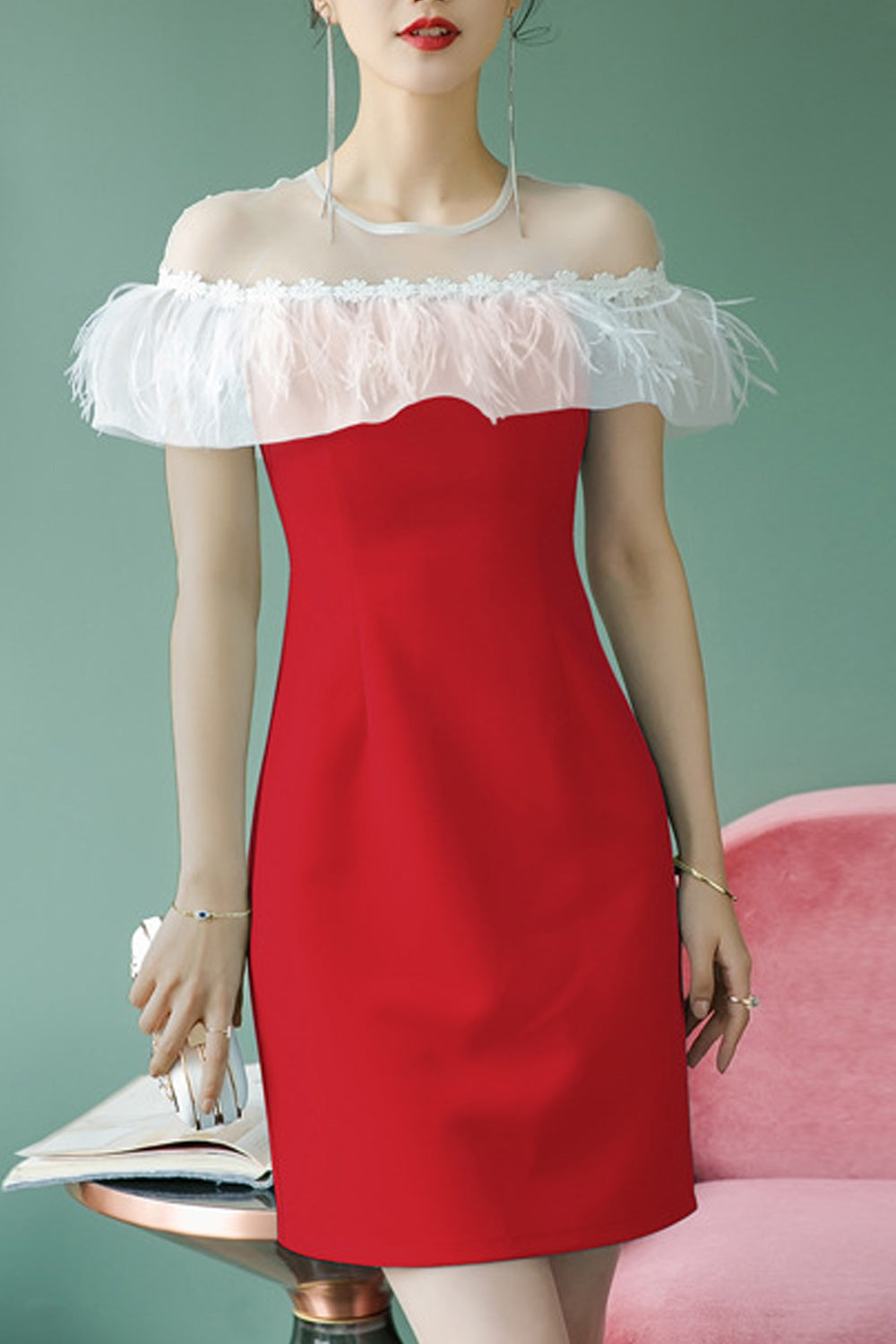 Women Slim Fit Thin Round Neck Short Evening Party Dress