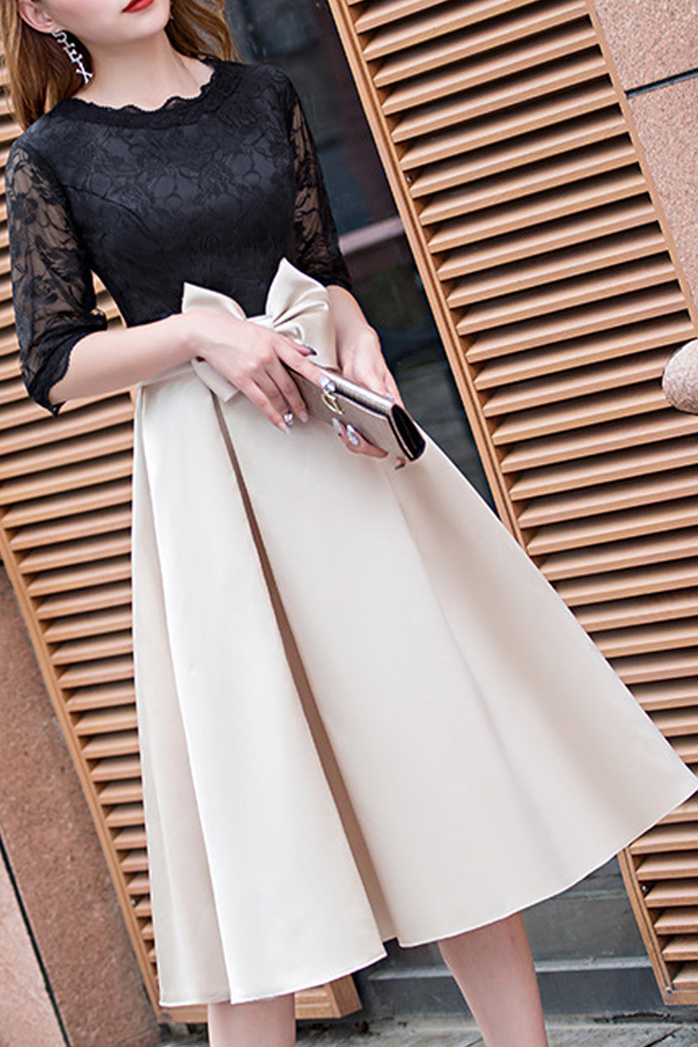 Women Solid Colored Skirt Half Sleeve Trendy Bow Attached Evening Party Dress