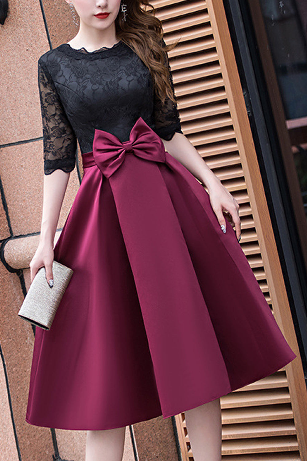 Women Solid Colored Skirt Half Sleeve Trendy Bow Attached Evening Party Dress