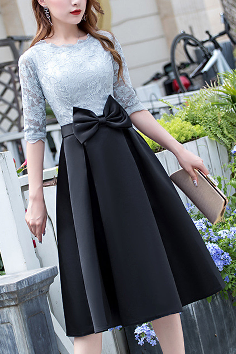Women Solid Colored Skirt Half Sleeve Trendy Bow Attached Evening Party Dress