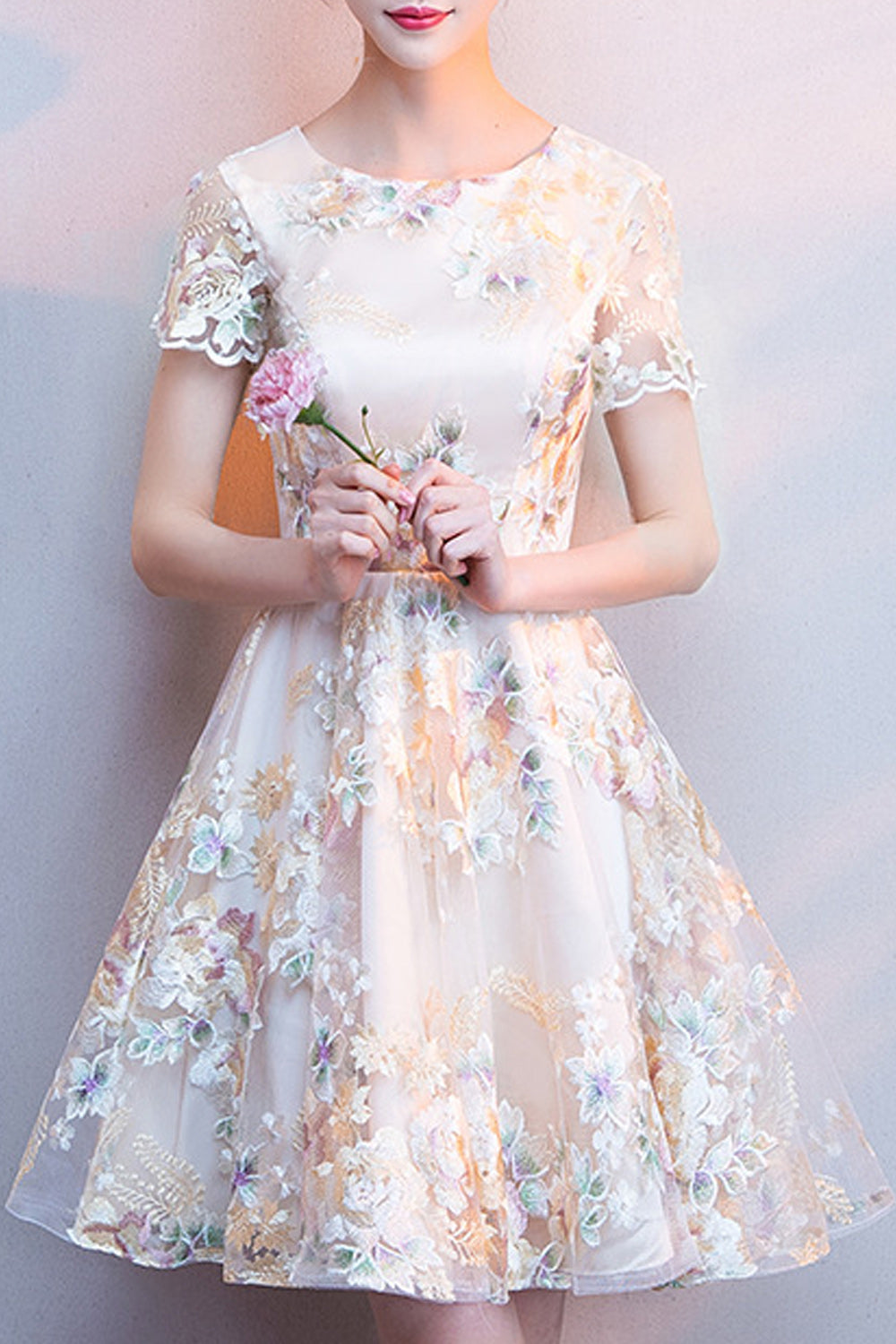 Women Round Neck Flower Embroidered Thin Short Skirt Evening Party Dress
