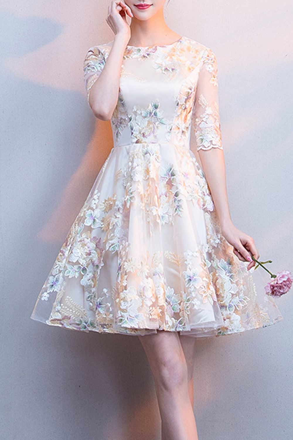 Women Round Neck Flower Embroidered Thin Short Skirt Evening Party Dress