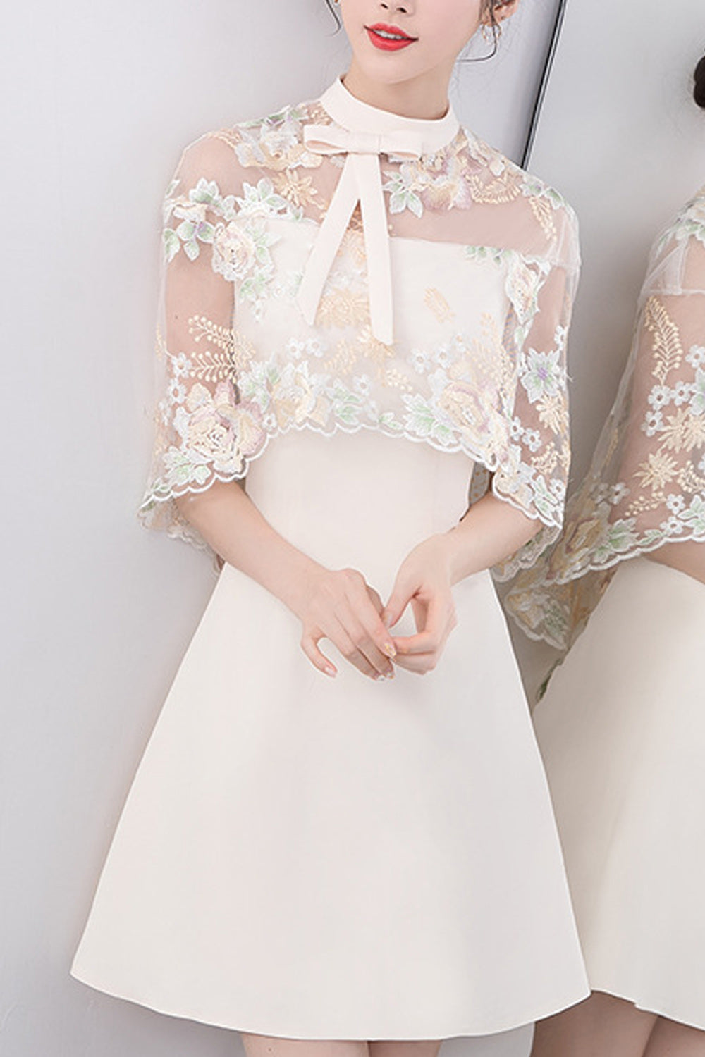 Women Round Neck Flower Embroidered Thin Short Skirt Evening Party Dress