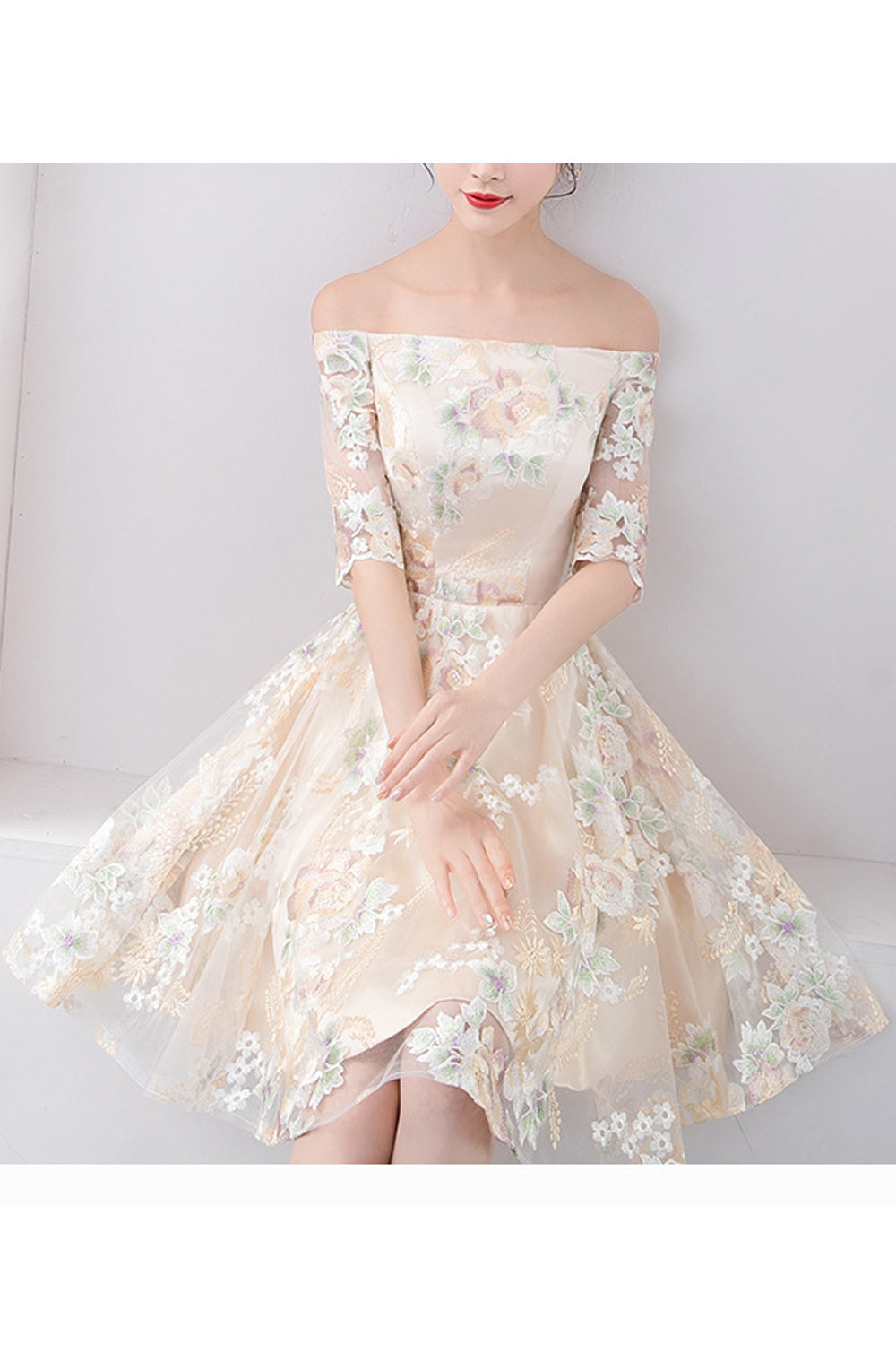 Women Round Neck Flower Embroidered Thin Short Skirt Evening Party Dress