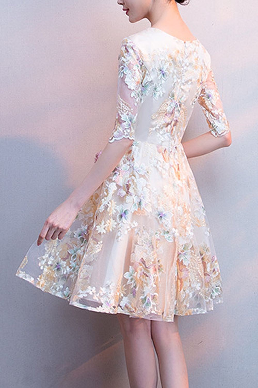 Women Round Neck Flower Embroidered Thin Short Skirt Evening Party Dress