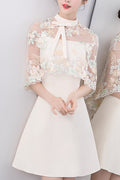 Women Round Neck Flower Embroidered Thin Short Skirt Evening Party Dress
