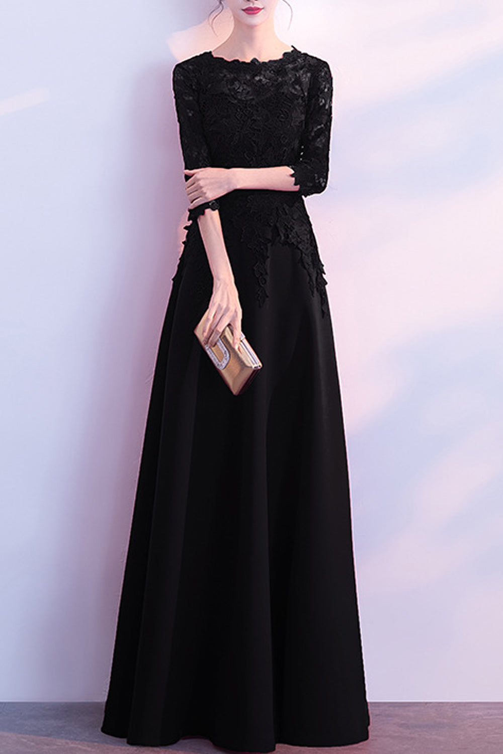 Women Half Sleeve Long Length Solid Colored Elegant Evening Dress