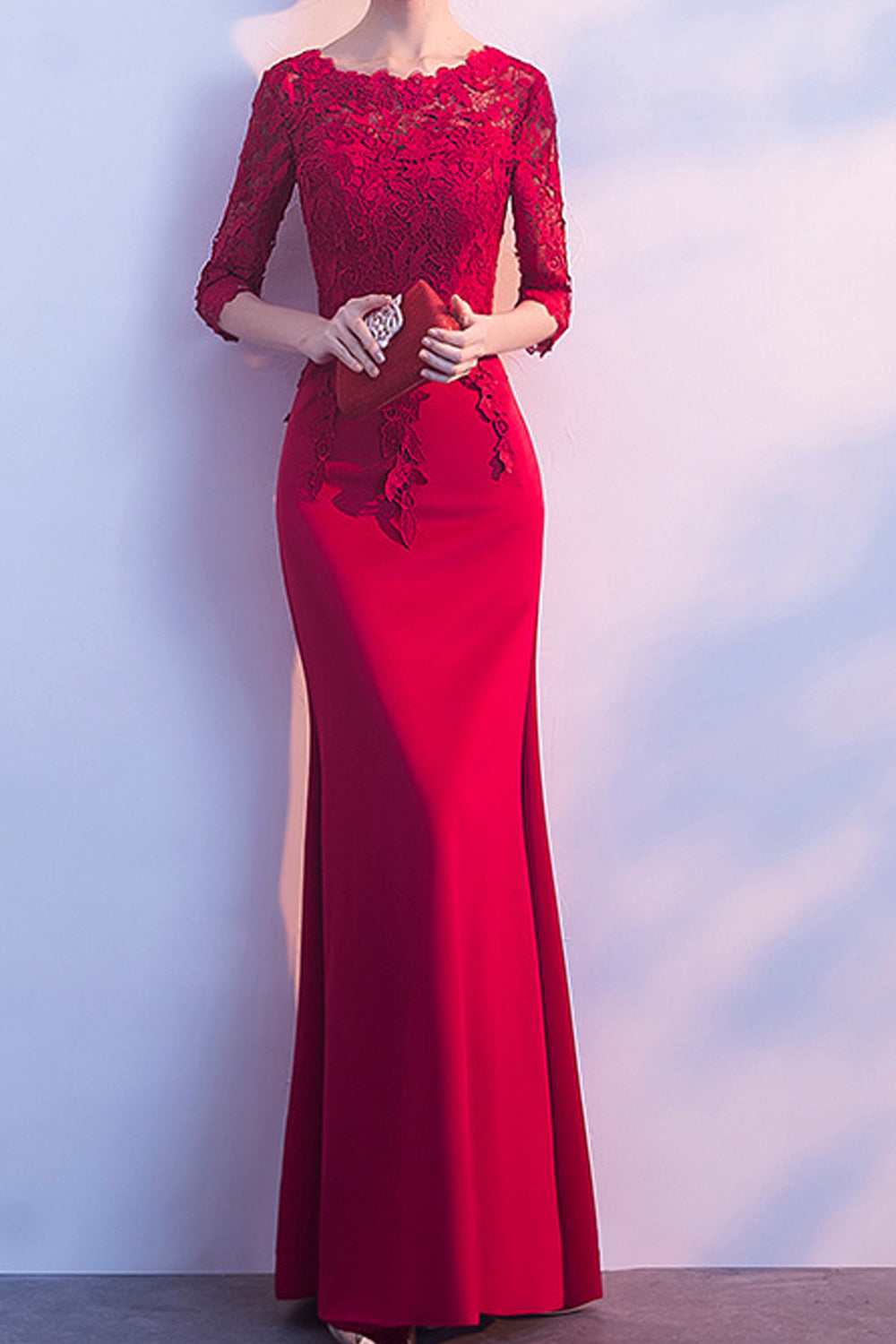 Women Half Sleeve Long Length Solid Colored Elegant Evening Dress