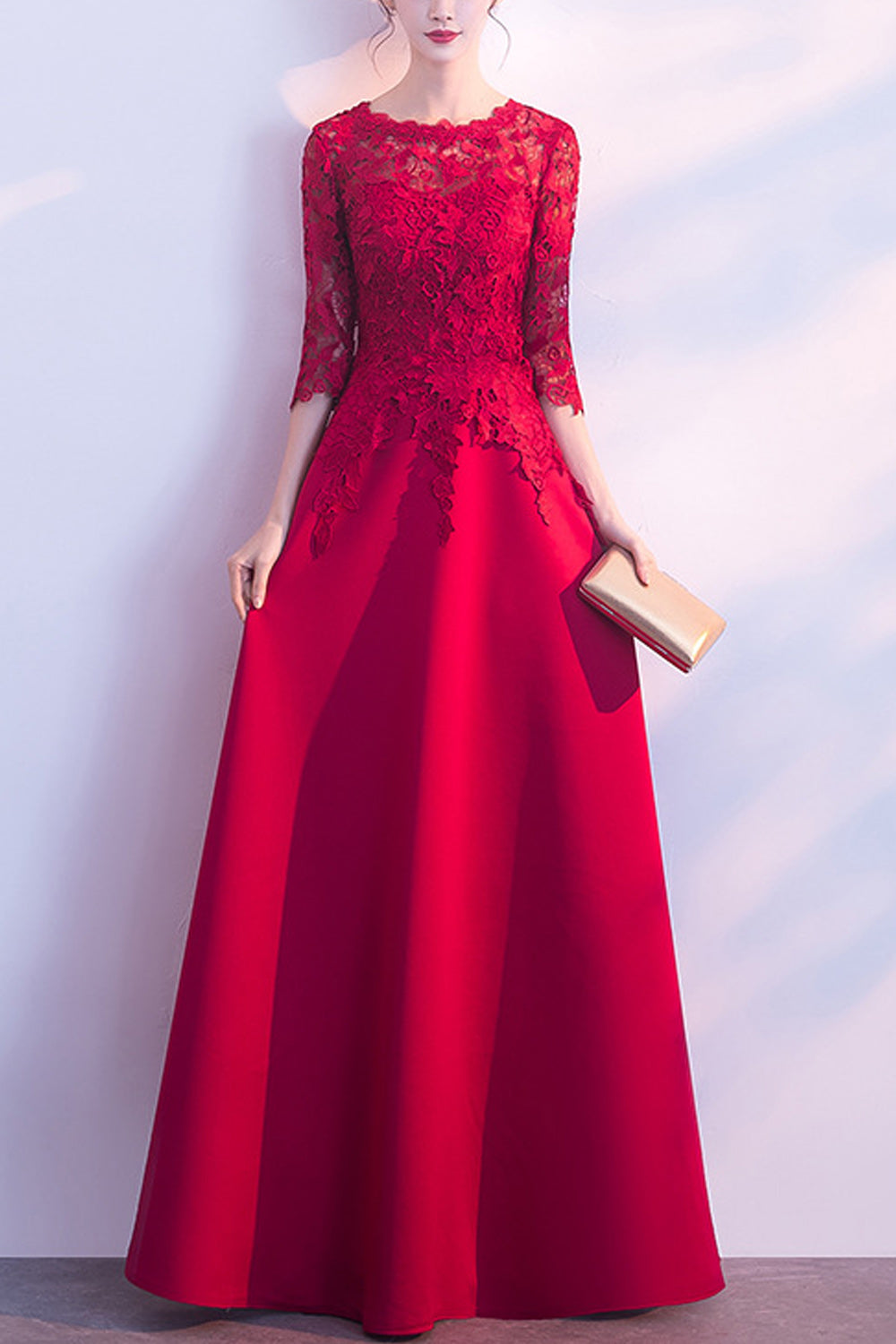 Women Half Sleeve Long Length Solid Colored Elegant Evening Dress