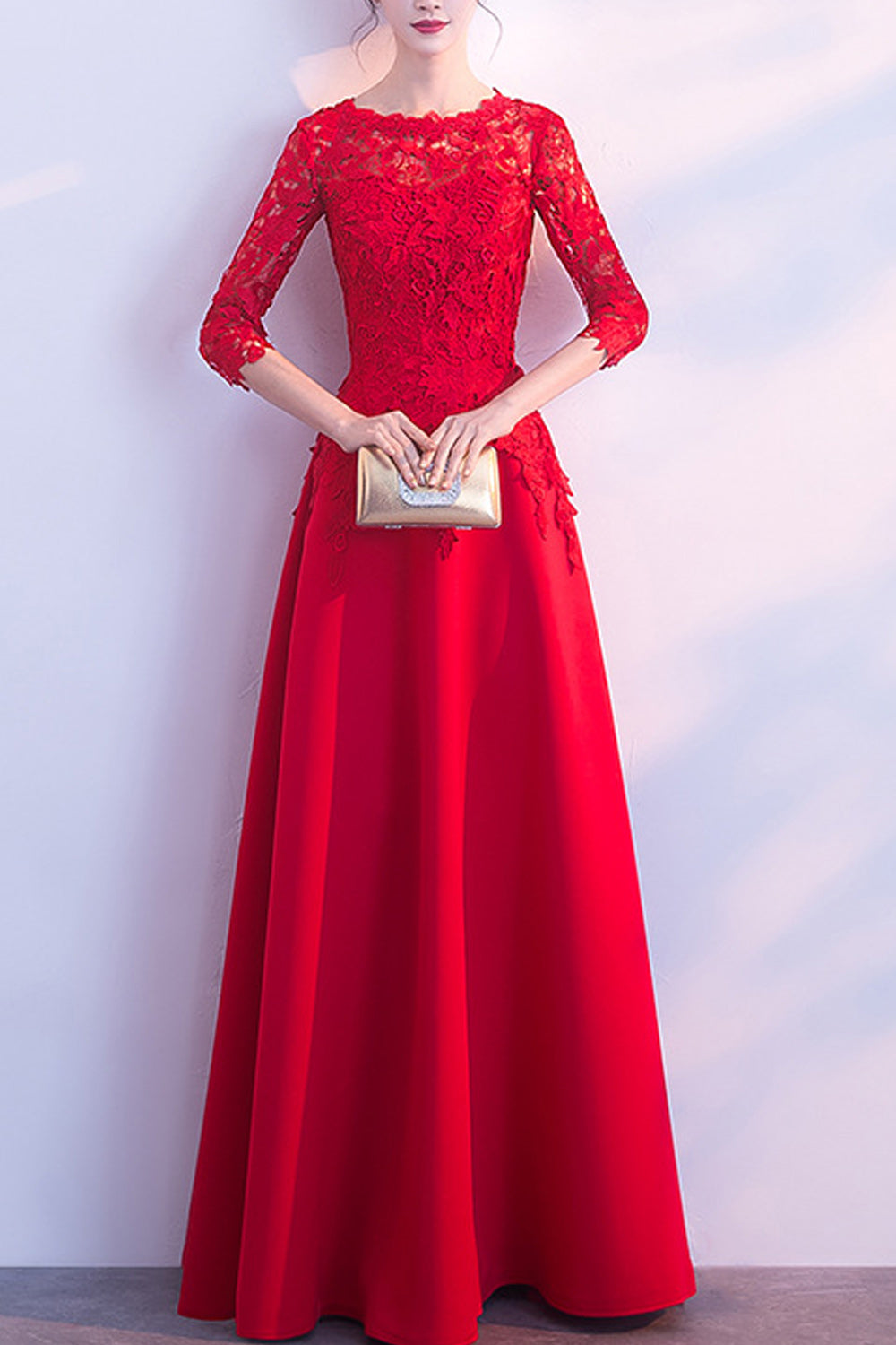 Women Half Sleeve Long Length Solid Colored Elegant Evening Dress
