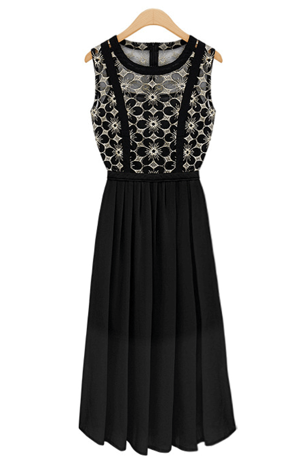 Women Glamour Lace Decoration Pleated Skirt Below Knee Dress