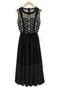 Women Glamour Lace Decoration Pleated Skirt Below Knee Dress