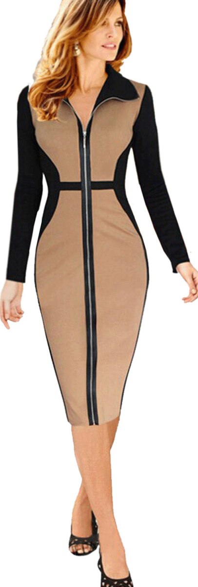 Women Long Sleeves Collar Shirt Long-Zipper Bodycon Winter Dress Khaki