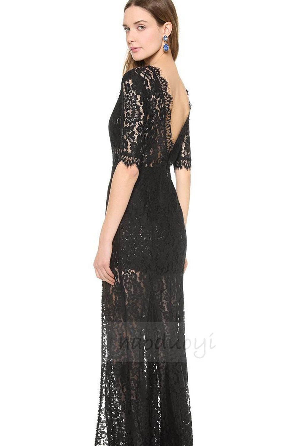 Women's Lace Decorated Dress One sided Open Leg Dress Full Length Dresses Black