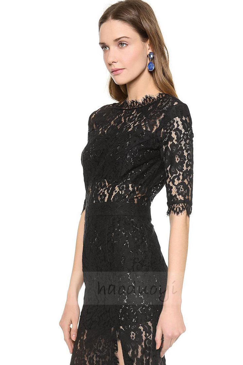 Women's Lace Decorated Dress One sided Open Leg Dress Full Length Dresses Black