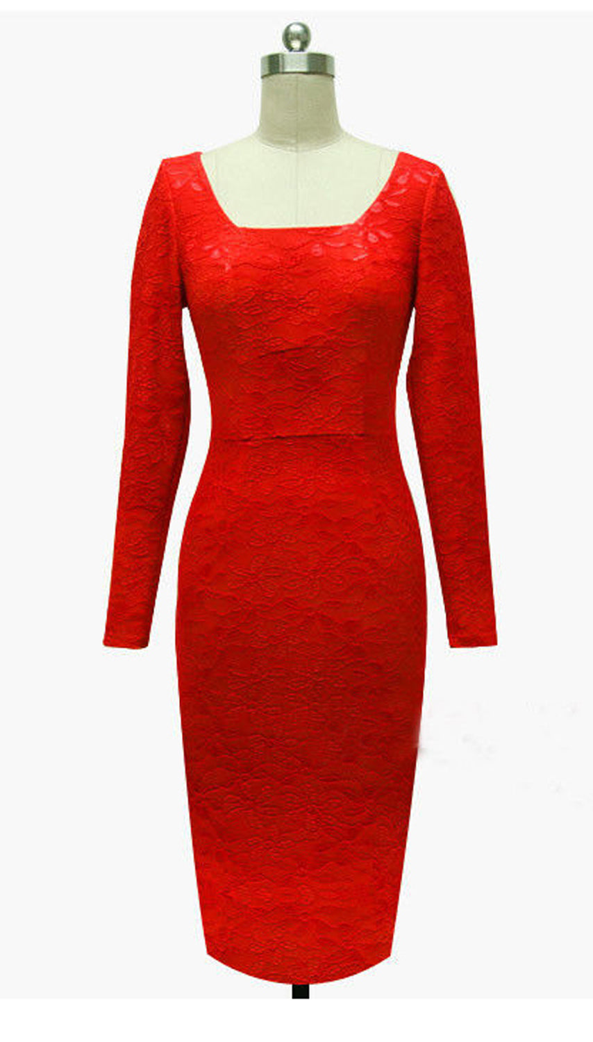 Women's Square Collar Bodycon Knee Length Pencil Dress Red