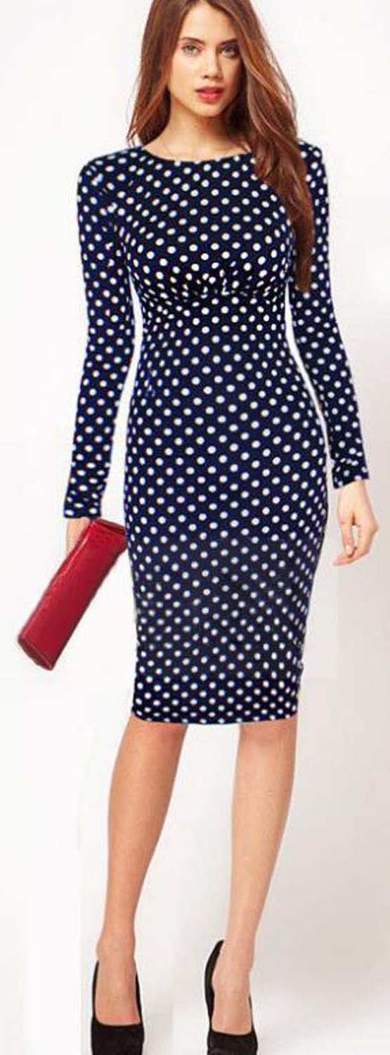 Women's Long Sleeves Skin Tight Polka Doted Dress Navy Blue