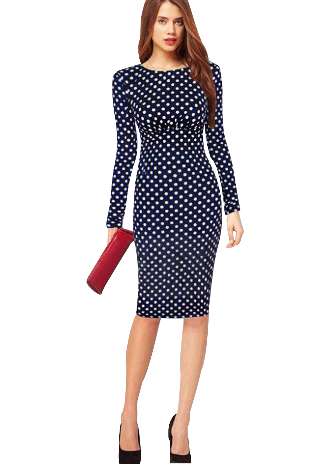 Women's Long Sleeves Skin Tight Polka Doted Dress Navy Blue