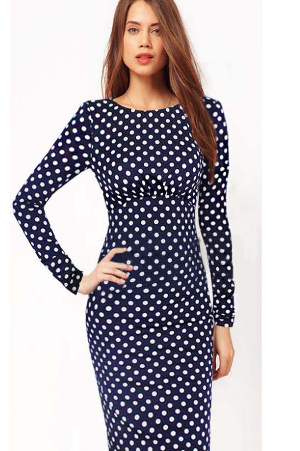 Women's Long Sleeves Skin Tight Polka Doted Dress Navy Blue