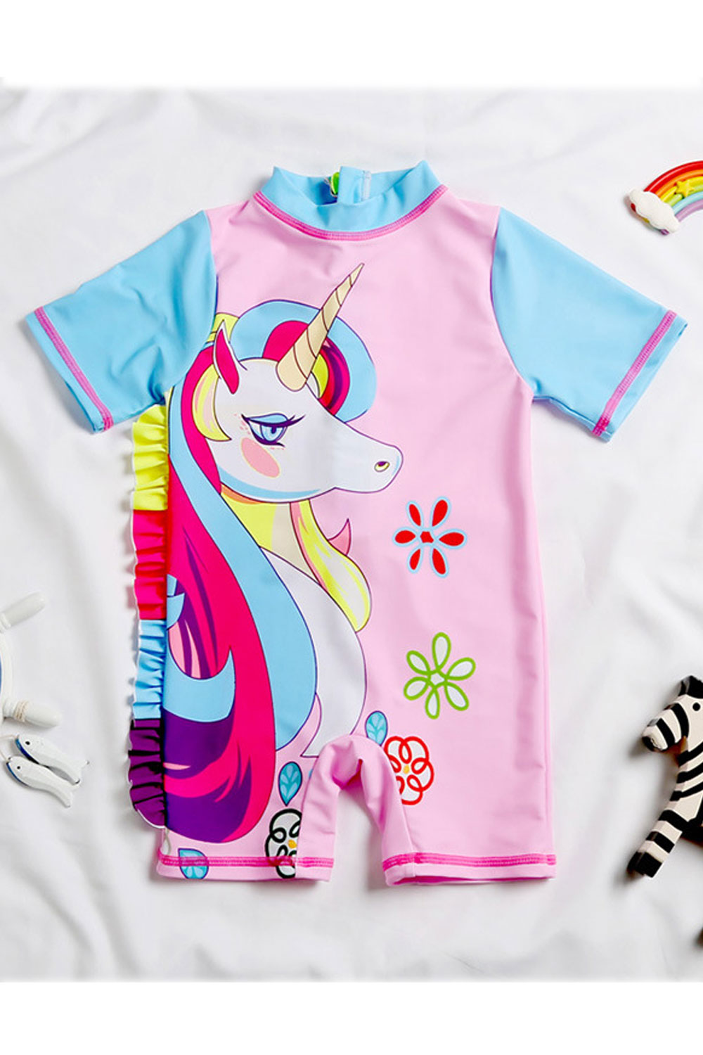 Baby Girls Round Neck Unicorn Print Soft One Piece Swimwear